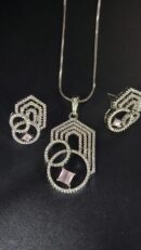Sterling Silver Geometric Pendant Set with Pink Stone (925 Silver)