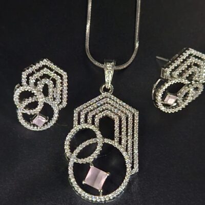 Sterling Silver Geometric Pendant Set with Pink Stone (925 Silver)
