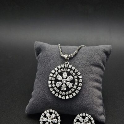 Sterling Silver Floral Pendant Set with Halo Crystal Design (925 Silver)