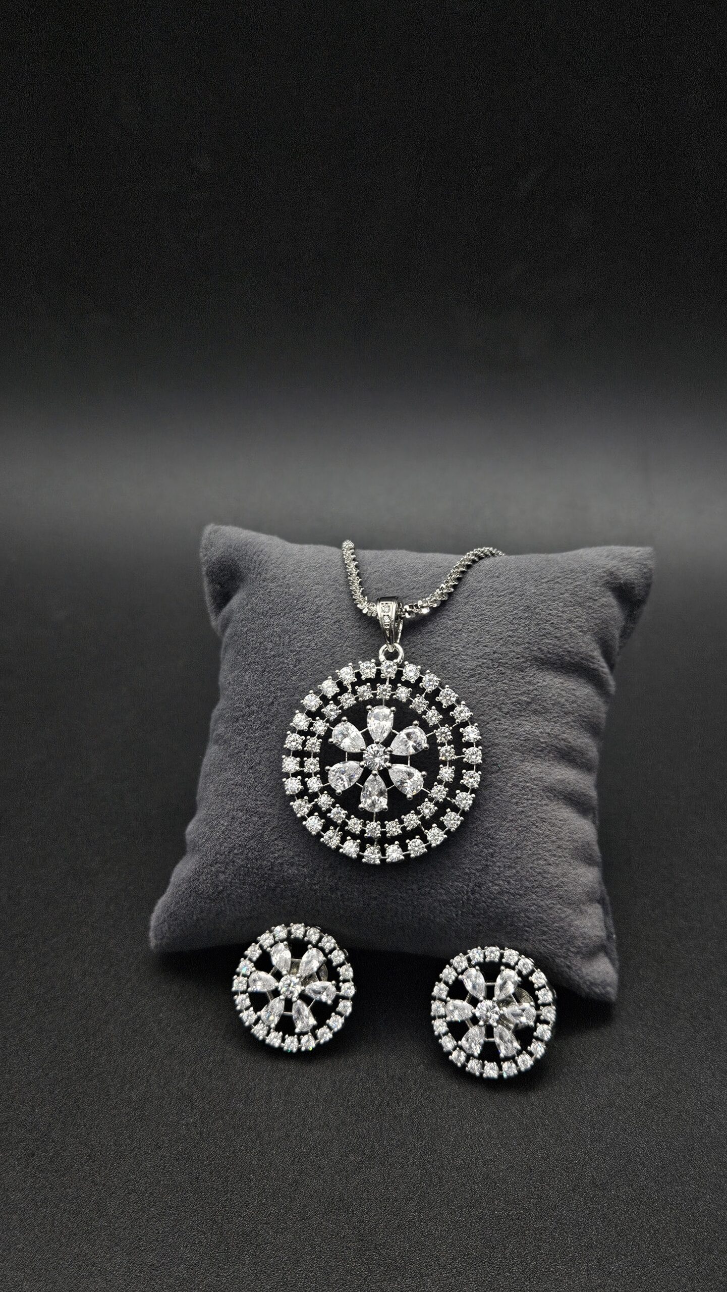 Sterling Silver Floral Pendant Set with Halo Crystal Design (925 Silver)