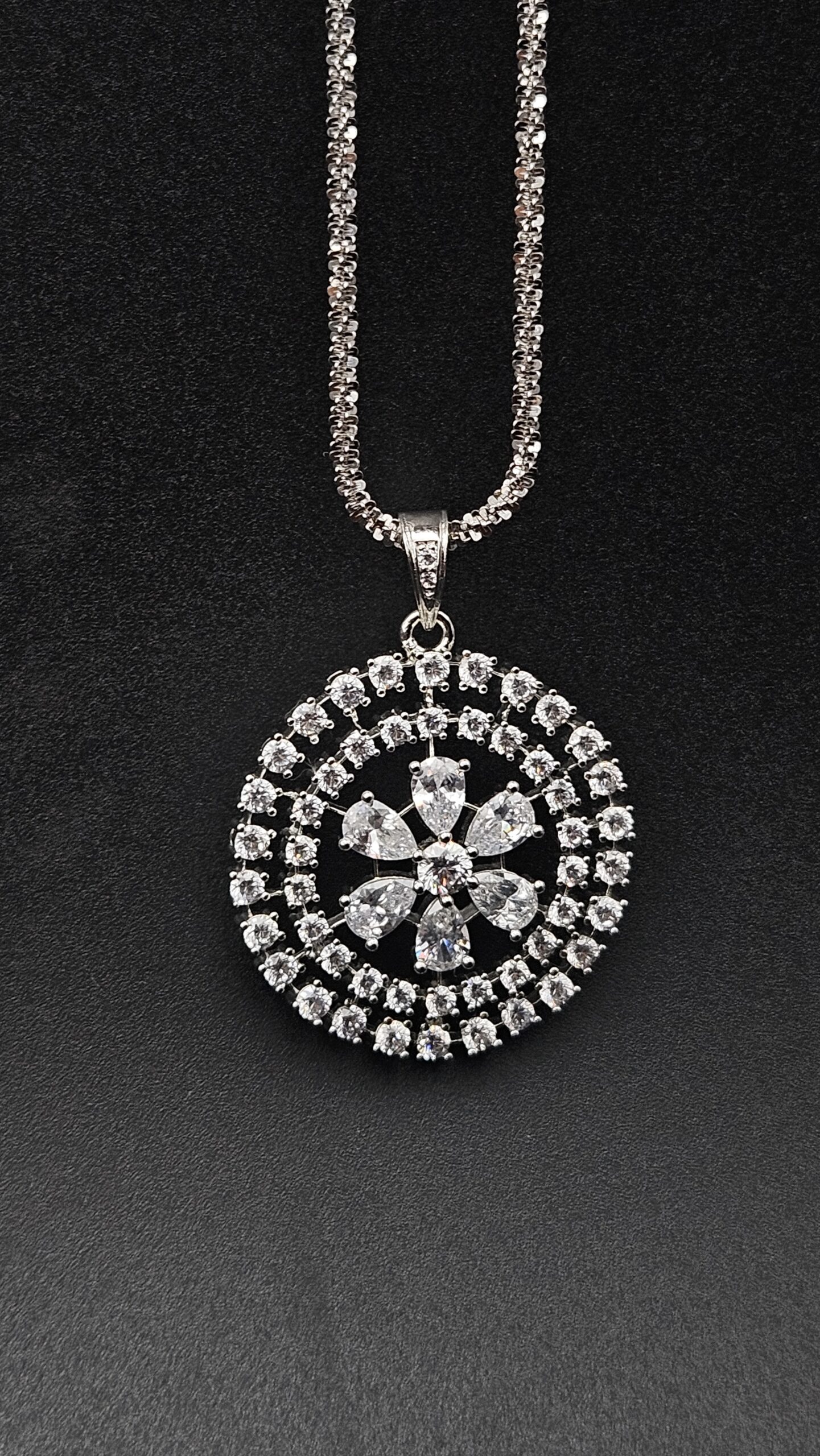 Sterling Silver Floral Halo Pendant Set with Crystal Stones - Image 5