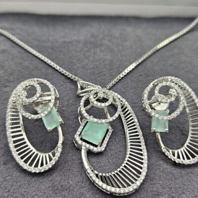 Elegant Pure Silver Green Gemstone Pendant & Earrings Set