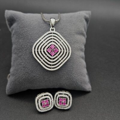 Sterling Silver Pink Stone Pendant Set with Geometric Floral Design (925 Silver)
