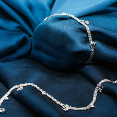 Sterling Silver Traditional Anklet with Multicolor Charms and Ghungroo Design (925 Silver)
