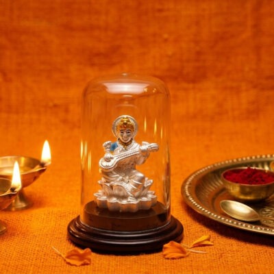 Goddess Saraswati silver idol with veena in 925 sterling silver