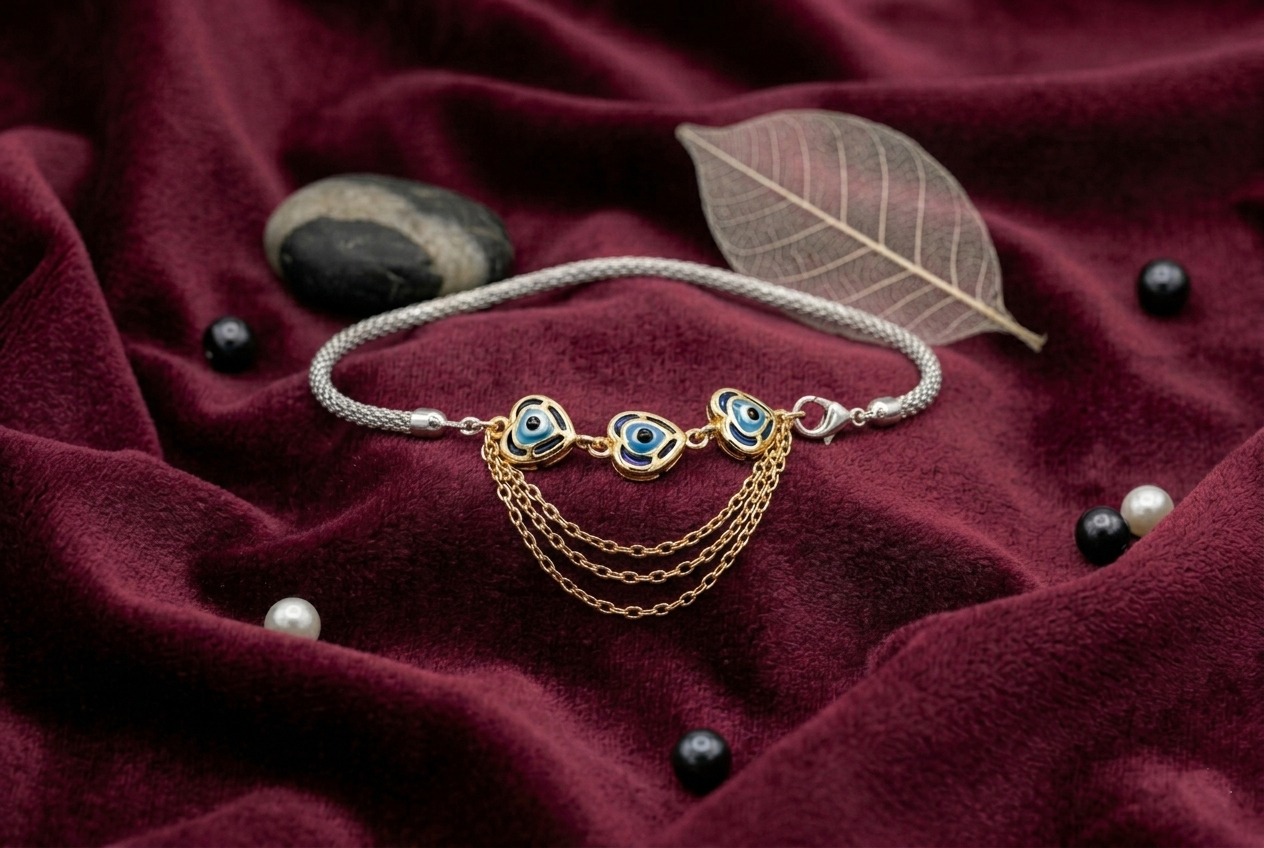 Dual-tone silver bracelet for women with blue evil eye charms and braided chain