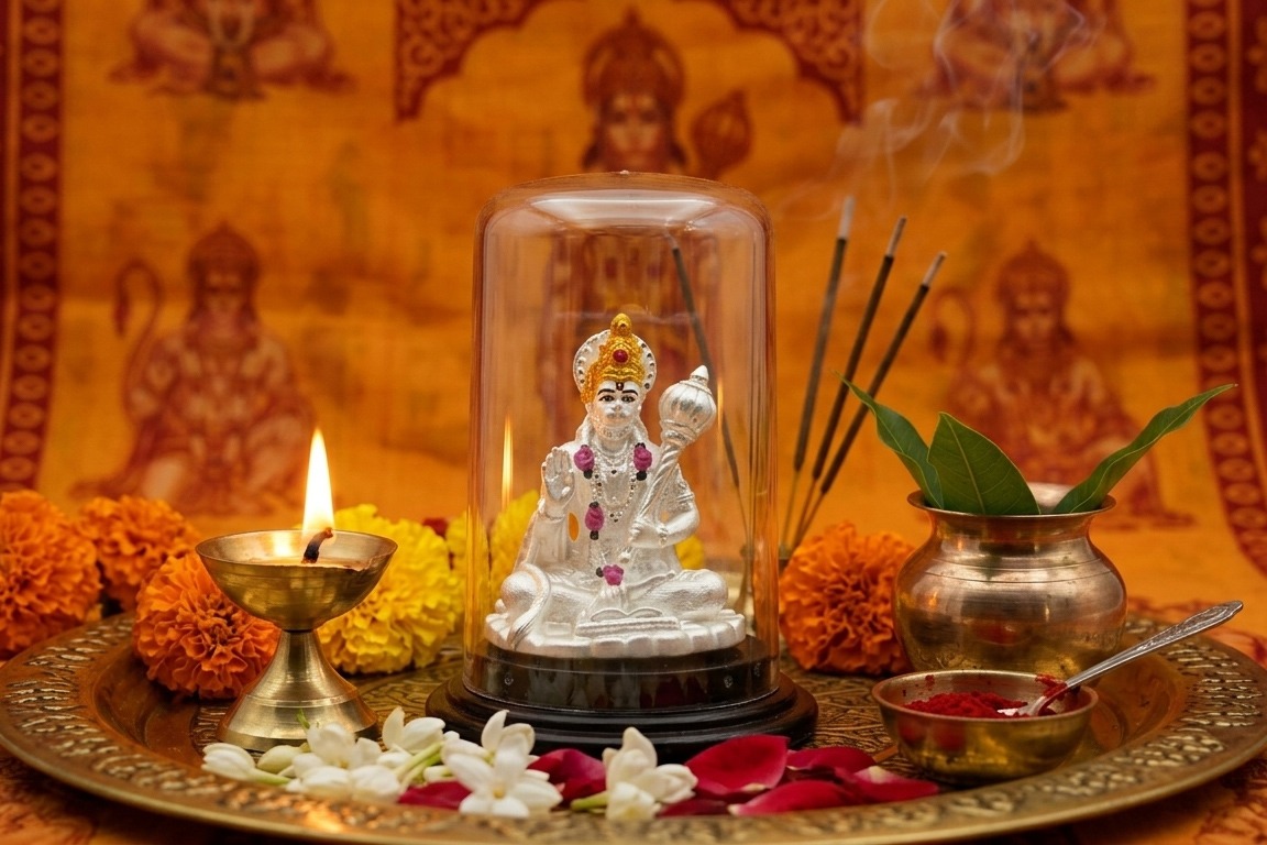 Hanuman silver idol in blessing posture made of 925 sterling silver