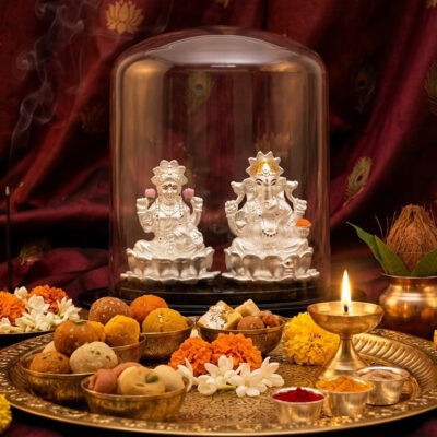 Goddess Lakshmi and Lord Ganesha silver idol set in 925 sterling silver