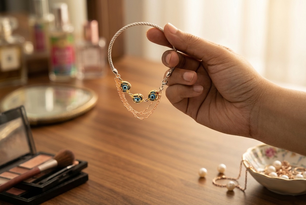 Dual-Tone Evil Eye Silver Bracelet for Women - Image 2