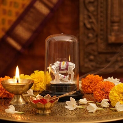 Cow calf silver idol in 925 sterling silver for home temple
