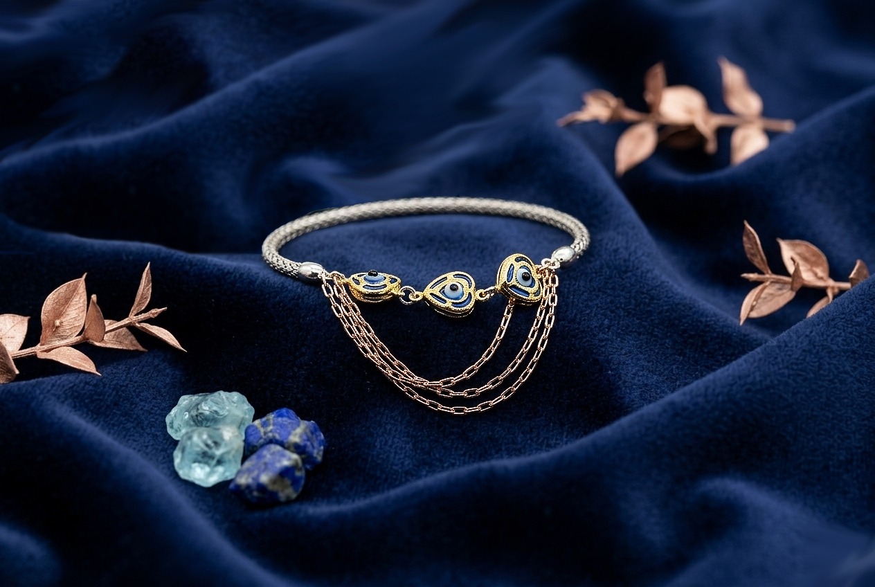 Dual-Tone Evil Eye Silver Bracelet for Women - Image 3