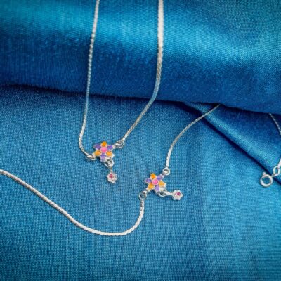Sterling Silver Floral Anklet with Enamel Flower and Star Charm (925 Silver