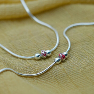 Sterling Silver Minimal Anklet with Red Enamel Bead Accent (925 Silver)