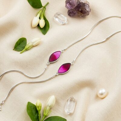 Sterling Silver Pink Enamel Anklet with Marquise Design (925 Silver)