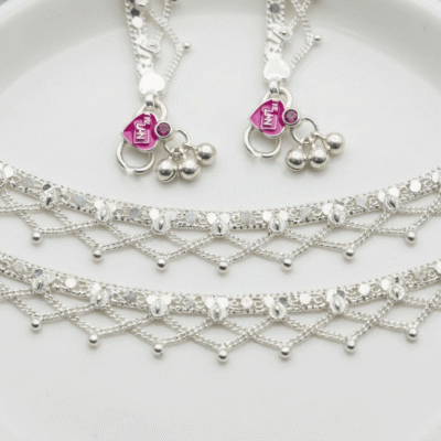 Sterling Silver Filigree Anklet with Ghungroo Charm Drops (925 Silver)