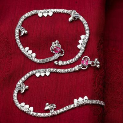 Sterling Silver Heart Charm Anklet with Pink Enamel Accents (925 Silver)