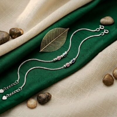 Sterling Silver Beaded Anklet Pair with Pastel Stone Accents (925 Silver)