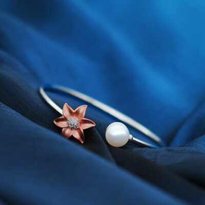 dual charm floral pearl silver bracelet for women